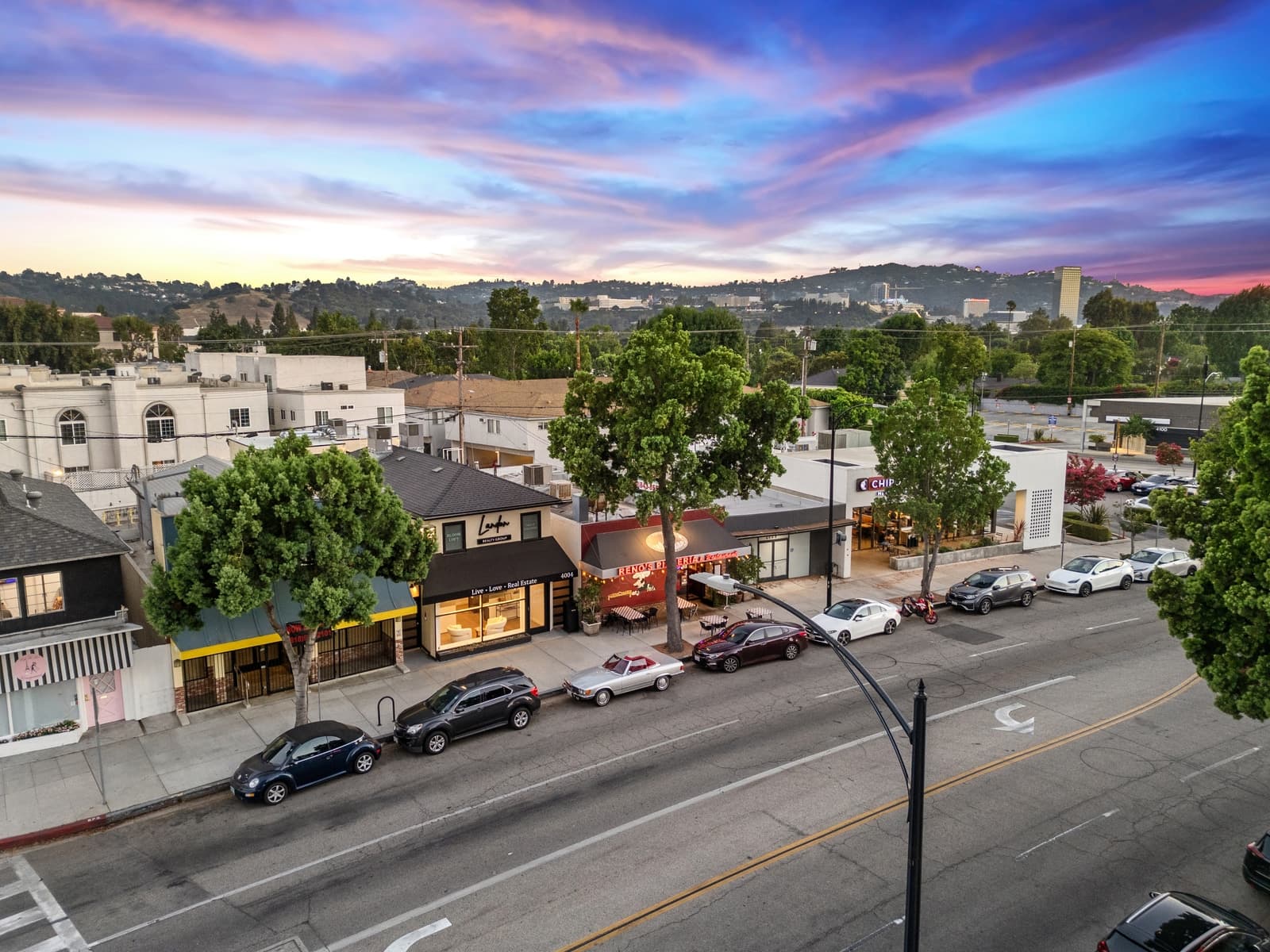 Companion twilight aerial of the same Burbank commercial strip