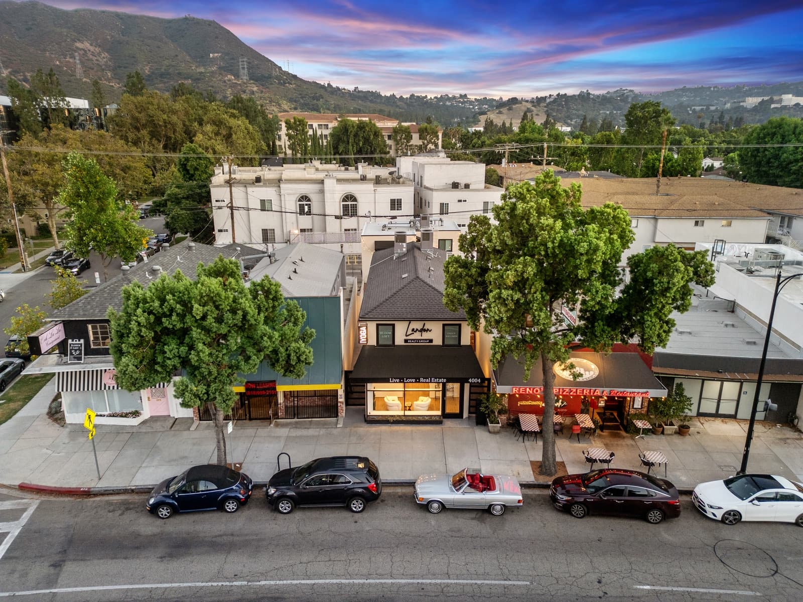 Twilight aerial of the Riverside Drive commercial strip in Burbank