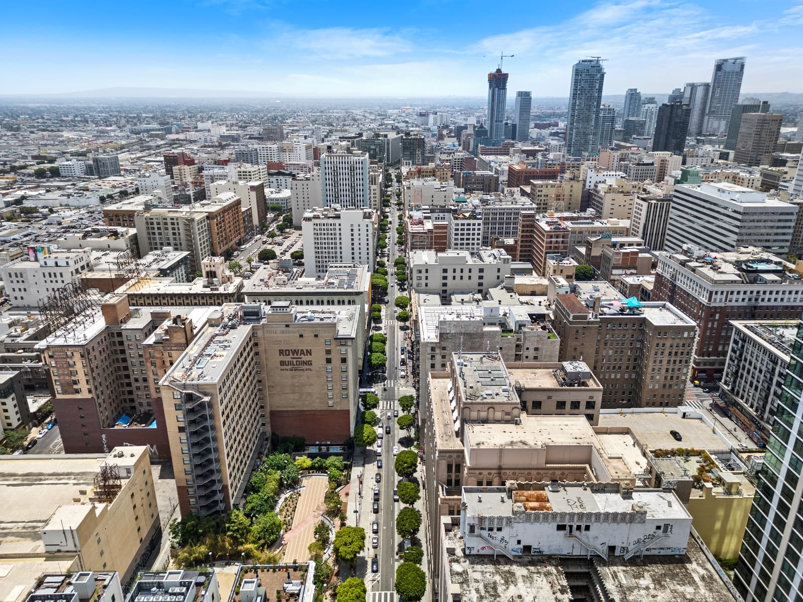 Aerial view down the Spring Street corridor in Downtown LA