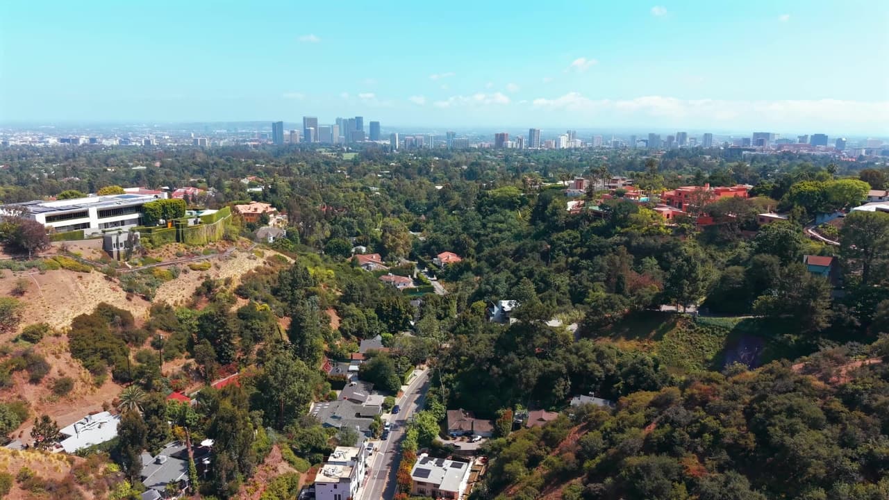 Aerial view over Bel Air toward the Century City skyline, from the 947 N Beverly Glen Blvd listing film
