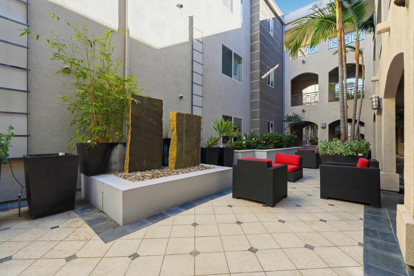 Courtyard and water feature at a Studio City condo building